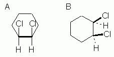 cis-1,2-dichlorocyclohexane: hexagon formulas, with info about orientation of groups relative to plane of the ring.